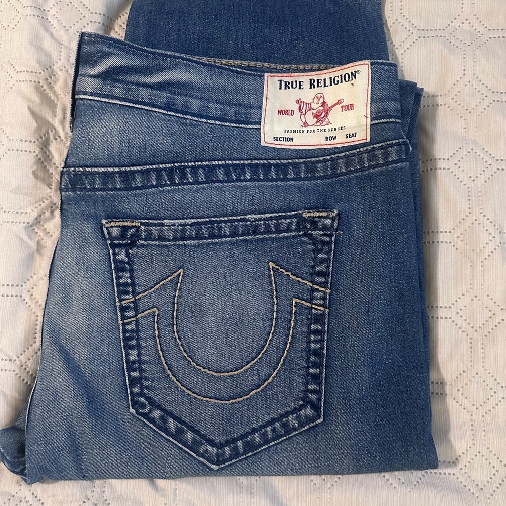 True Religion Men's Blue Straight Jeans with Signature Pocket Stitch
